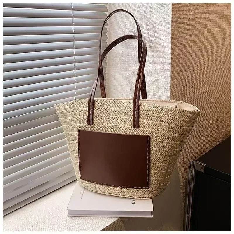Straw hand-woven tote bag large capacity shoulder bag for women beach vacation seaside travel accessory view 2
