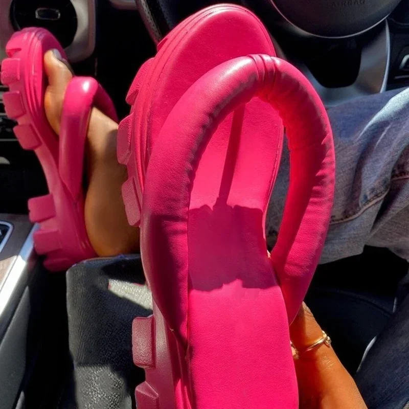 Hot Pink Clip Toe Slippers for Women 2023 Summer Fashion Chunky Platform Flip Flops Woman Thick Sole Wedges Sandals Beach Slides