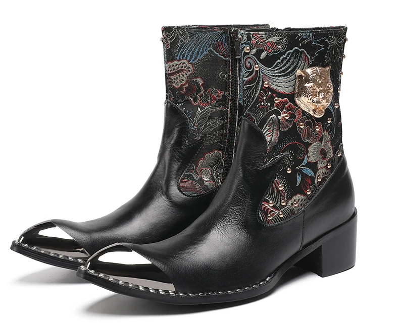 Britische Metall Spitzschuh Party Club Mann Schuhe Rot Motorrad Reißverschluss Stiefeletten Plus Größe Hochzeit Party Echtes Leder Kurzer Stiefel – Detail 7