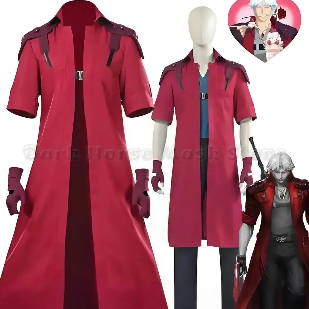 Perruque de cosplay DMC 5 Dante, costumes uniformes, déguisement pour hommes adultes, longue veste coupe-vent, gants, tenues de jeu de rôle, costume d'Halloween, costume de carnaval