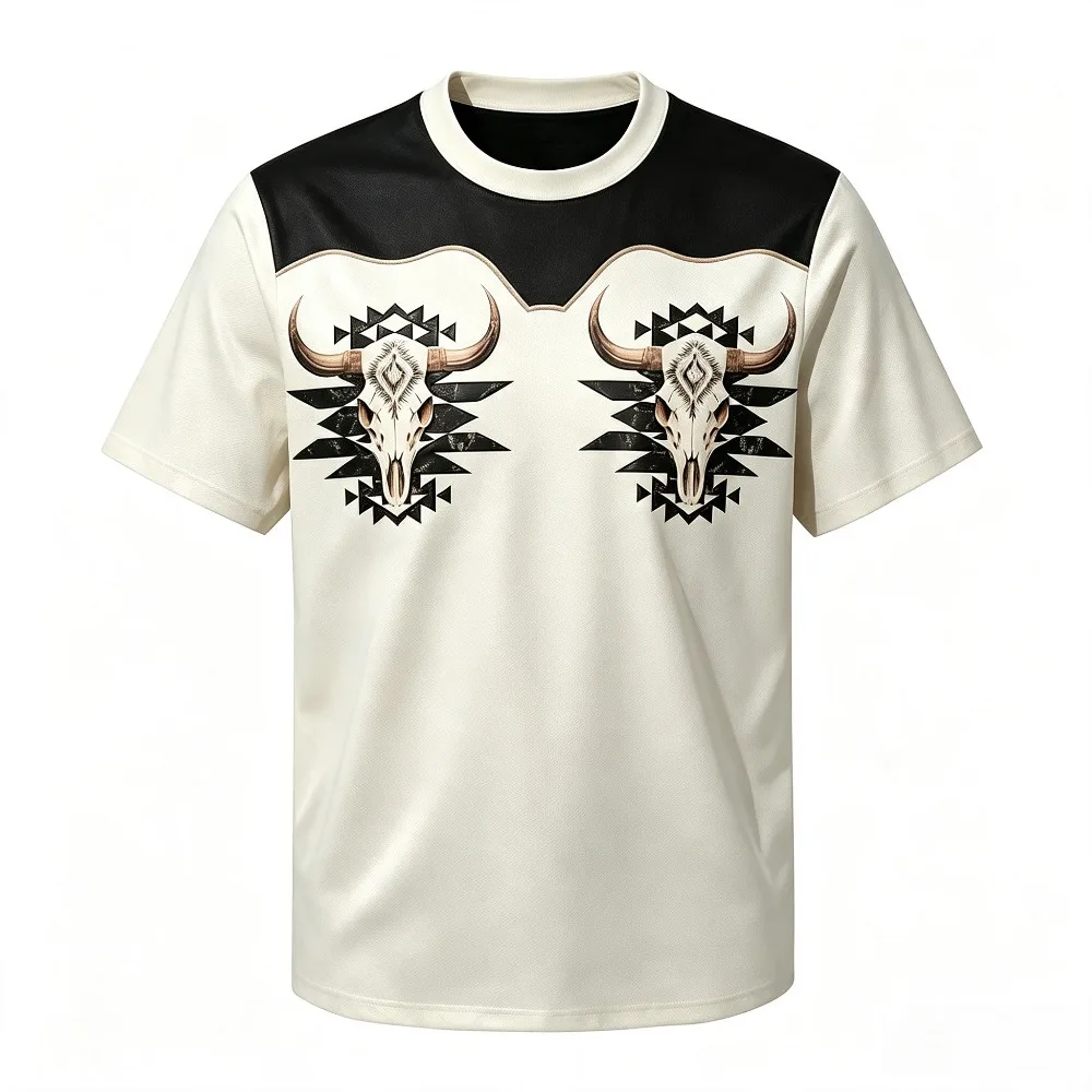 Dual Skull Cow Head Patchwork Print Men T Shirt Soft Vintage Streetwear Daily Short Sleeve Top