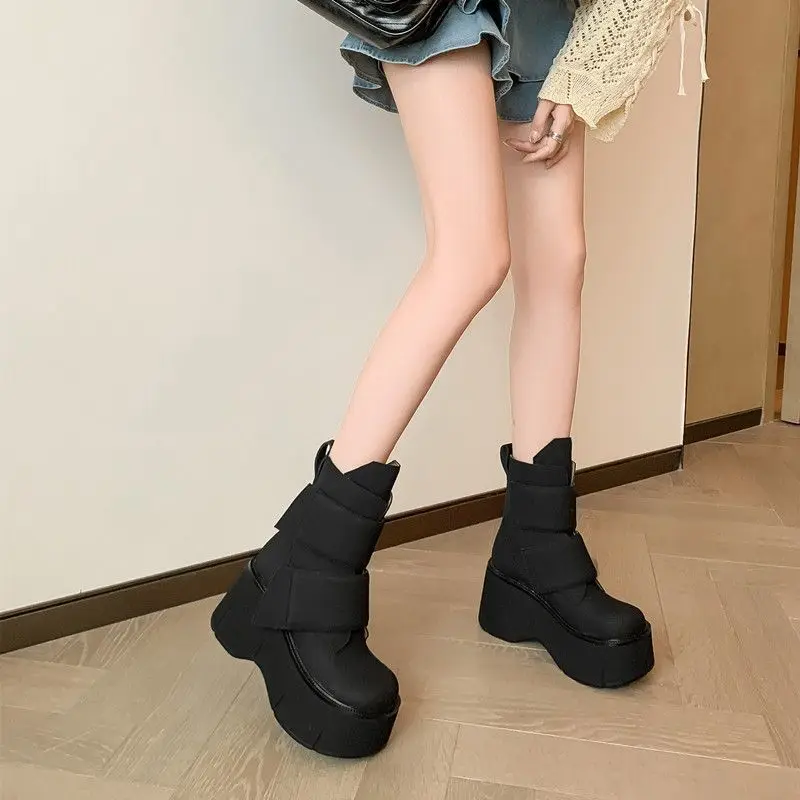 Women's White Platform Ankle Boots Fashion High Heel 8cm Short Boots for Girls Design Big Head Hook&Loop Trend Female Shoes view 2