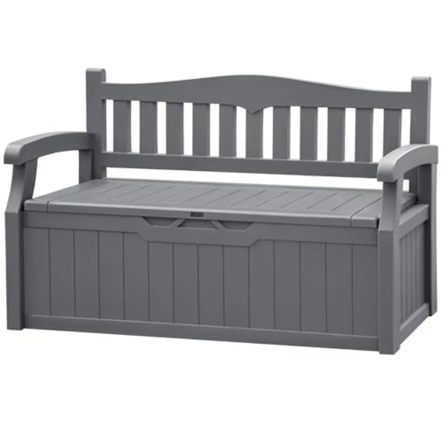 80 Gallon Grey Resin Outdoor Storage Bench with Armrests Lockable Waterproof Deck Box for Garden Patio Pool Home Use