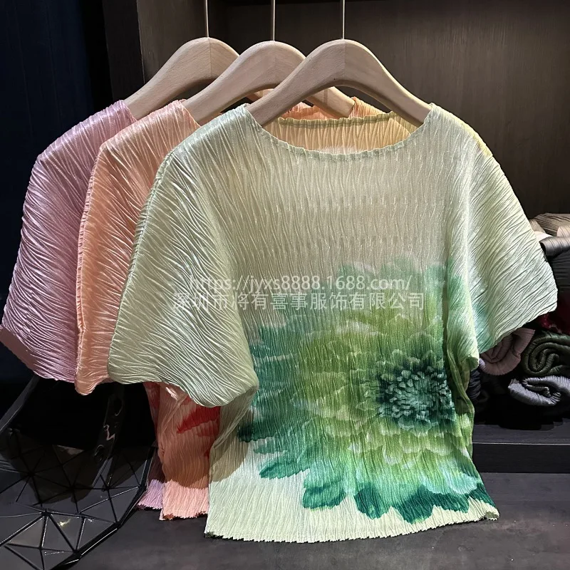 

Miyake Pleated T-shirt Senior Sense of Simplicity 2025 Summer T-shirt Female Printed Short-sleeved Regular Section Commuter Tops