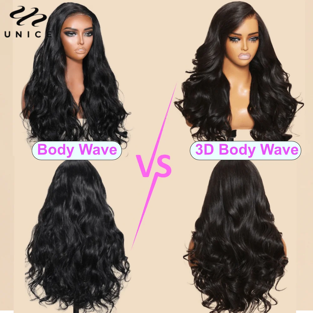 UNice 3D Body Wave Wig 250% Density 13x4 Human Hair Lace Frontal Wig Pre Plucked Pre Bleached Pre Cut Gluless Wig Ready To Wear