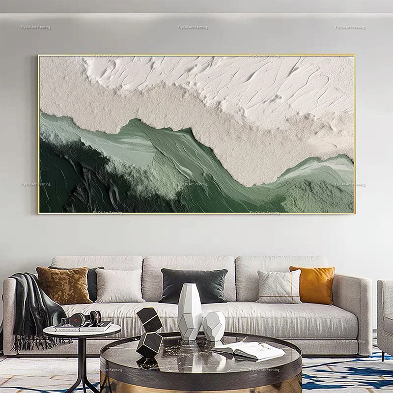 1pc Frameless Canvas Painting Specail Large Handpainted Green And Beige Modern Texture Thick Canvas Wall Art For Room Decoratioi