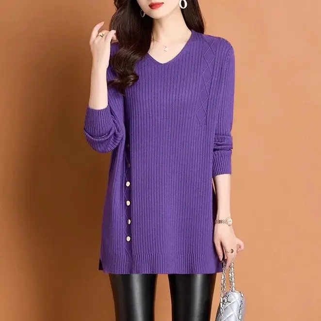 المرأة الكورية فضفاضة الخامس الرقبة متماسكة سترة الخريف الشتاء عادية كل مباراة البلوفرات القمم حجم كبير الصلبة منتصف طويلة فساتين سترة