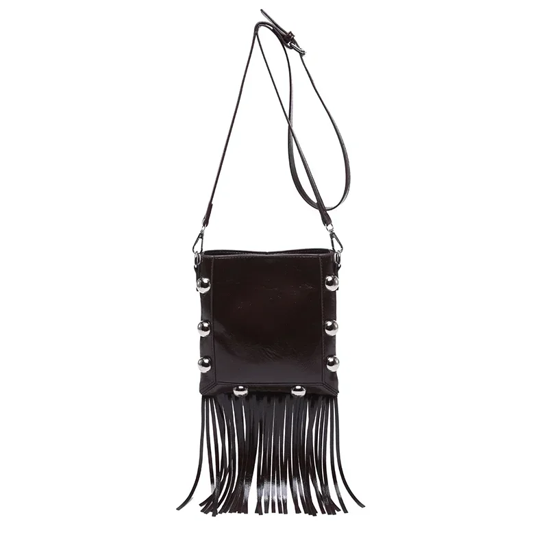 

PU Solid Color Tassel Hasp Shoulder Bag Rivet 2025 High Quality Women's Bags Popular Fashion Versatile Ethnic Crossbody Bag