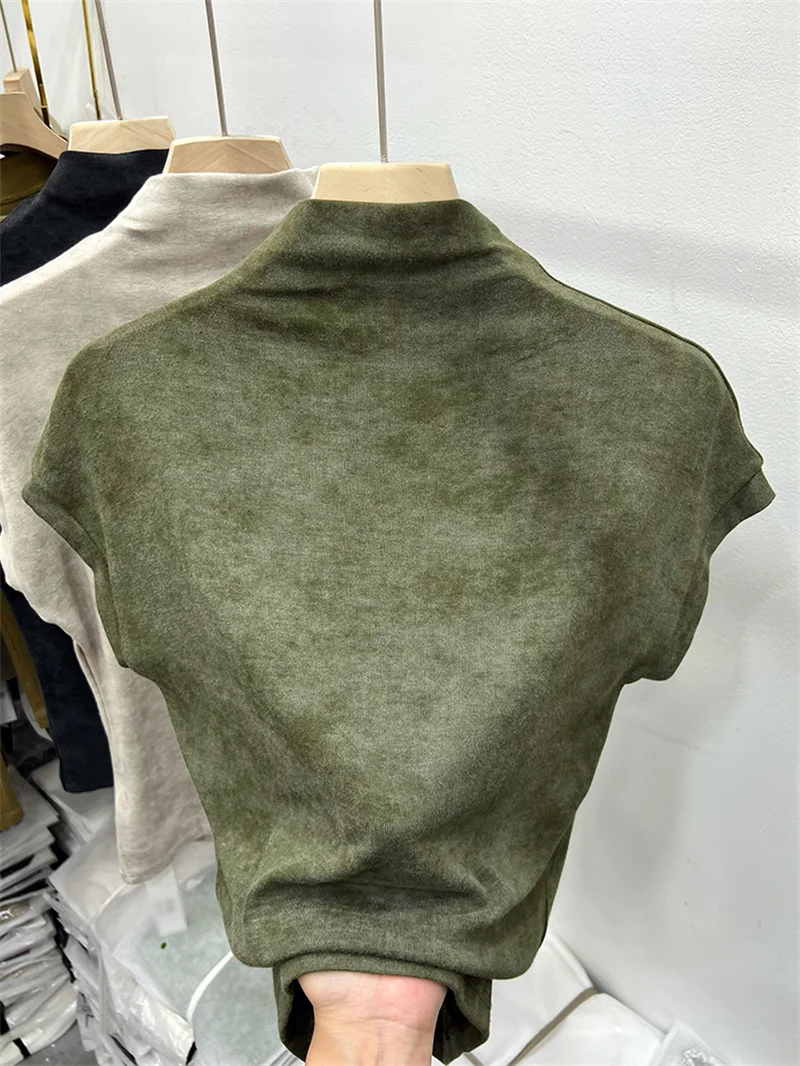 

Вязаный топ в стиле колор-блок с воротником-стойкой и коротким рукавом, женская флисовая внутренняя рубашка прямого кроя в корейском стиле из смесового хлопка