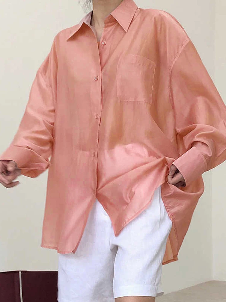 Twotwinstyle camisa casual para mulheres lapela gola manga longa minimalista um tamanho camisas soltas femininas 2020 roupas de verão novo