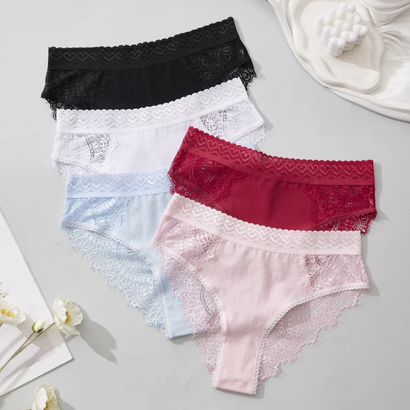 3PCS Women's Briefs Lace Soft Versatile Breathable Women's Underwear High Stretch Low-Rise Heart-Shaped Waistband Panties