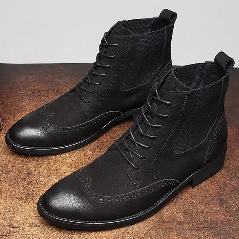 Fashion Men\'s Boots Genuine Leather Black Gray Lace Up Pointed Toe Wingtip Brogue Male Dress Shoes Wedding Office Boots For Men