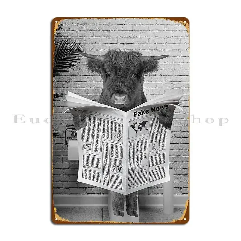 Scottish Highland Cow On Toilet Reading Newspaper Metal Plaque Personalized Living Room Custom Funny Custom Tin Sign Poster