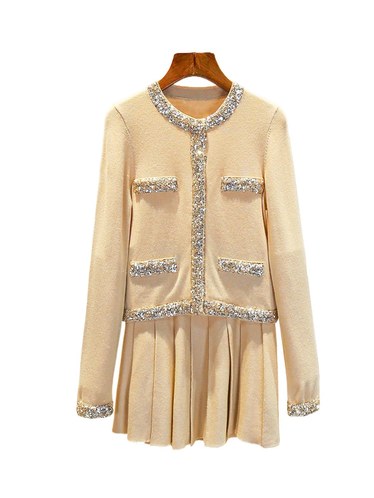 

Miumem Premium Women's Knitted Sequin Cardigan Jaet And Skirt Set Autumn Faion Ensemble Long Sve round Ne Butto...