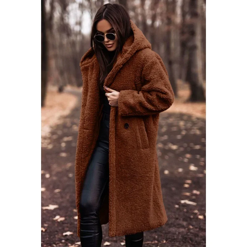 Women Autumn Winter Hooded Jacket Tweed Coat Solid Color Button Pocket Long Sleeve Casual Fashion Comfortable Warm Regular Fit