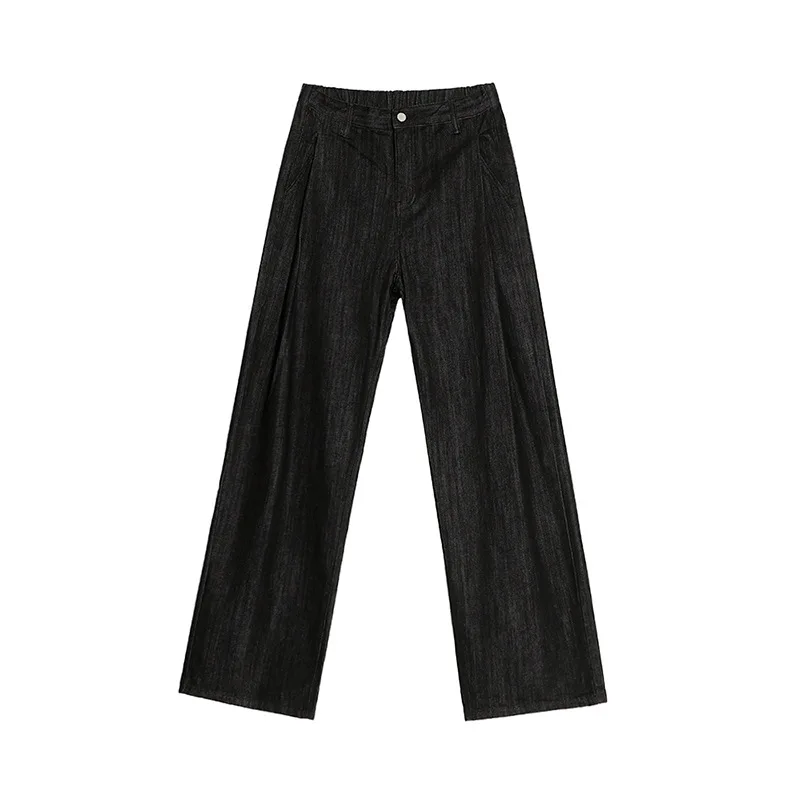 Celana Denim Warna Solid Hitam Longgar Trendi Kasual Kaki Lebar Lurus Pria Fashion Baru Musim Gugur Celana Denim Vintage Sederhana Pria