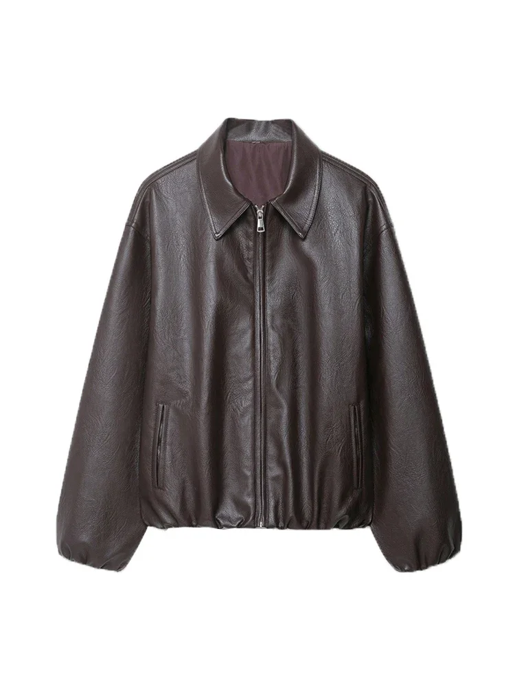 Giacca bomber da donna in ecopelle manica lunga capispalla chic orlo elastico top alla moda femminile