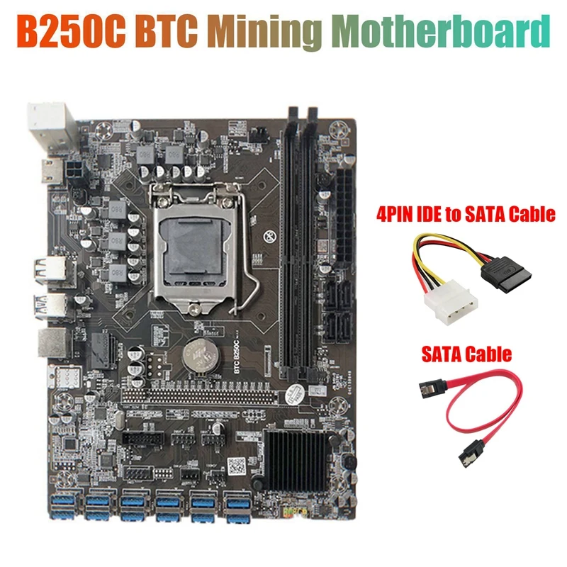 

B250C Mining Motherboard With 4PIN IDE To SATA Cable+SATA Cable 12 PCIE To USB3.0 GPU Slot LGA1151 Support DDR4 RAM