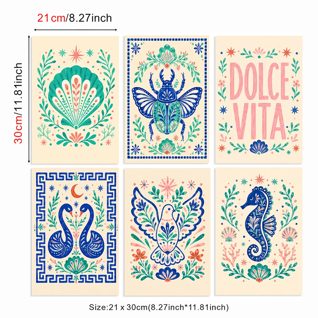Set of 6 Floral Dolce Vita Mediterranean Seashell Beetle Swan Dove Seahorse Blue Modern Floral Canvas Poster Wall Art Prints