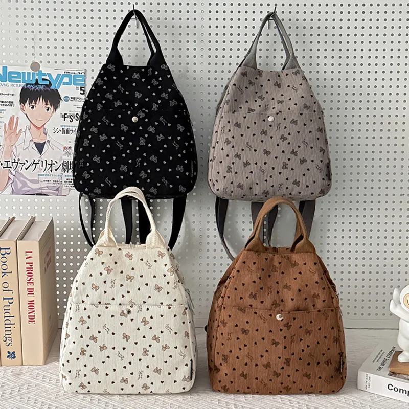 Lightweight Beige Bow Heart Print Corduroy Large Capacity Convertible Backpack Shoulder Bag For Women Daily Commute School