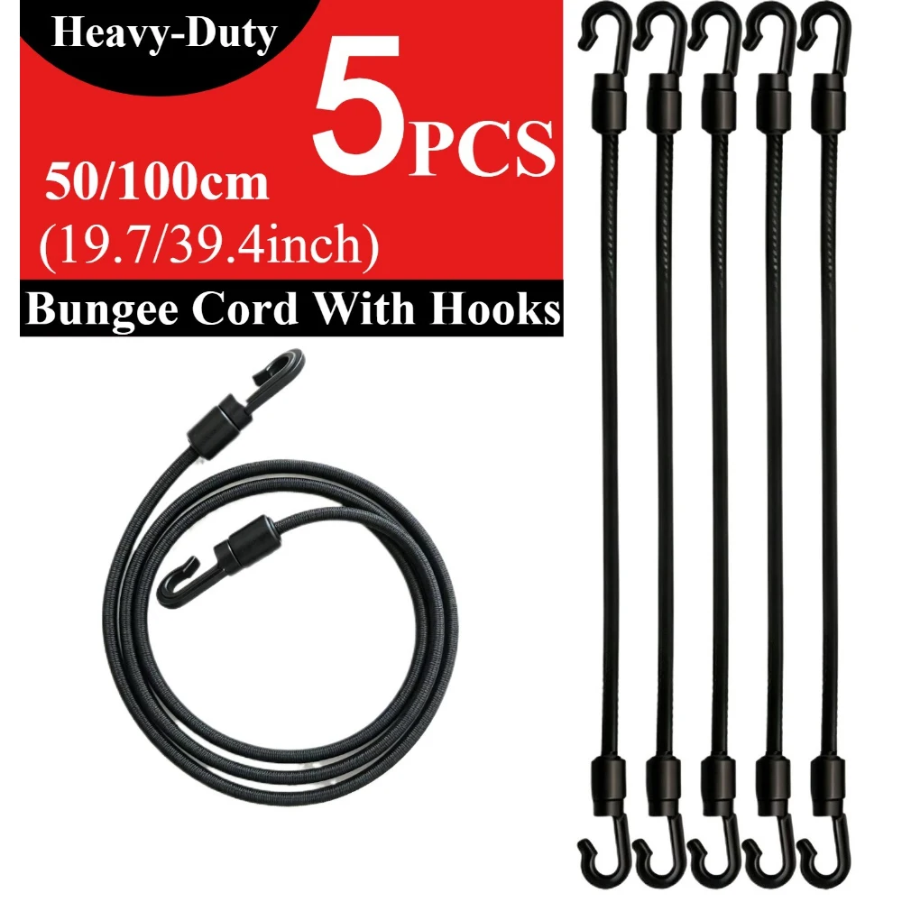 5pcs 50Cm/100Cm Size Thickened Heavy Duty Elastic Bungee Cord Integrated Plastic Hooks for Home Outdoor Use  Tension Fixed Rope