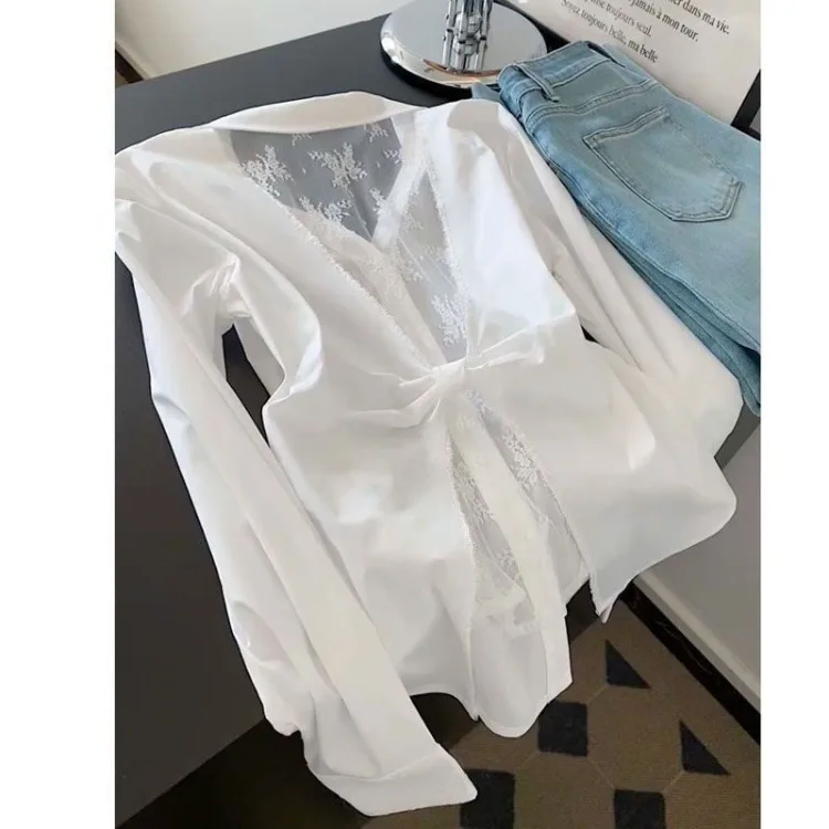 

Women 2025 Spring Autumn Sexy Backless Lace Patchwork Shirt Blusas De Mujer Y2k E-girls Loose Long Sleeve Blue Blouses