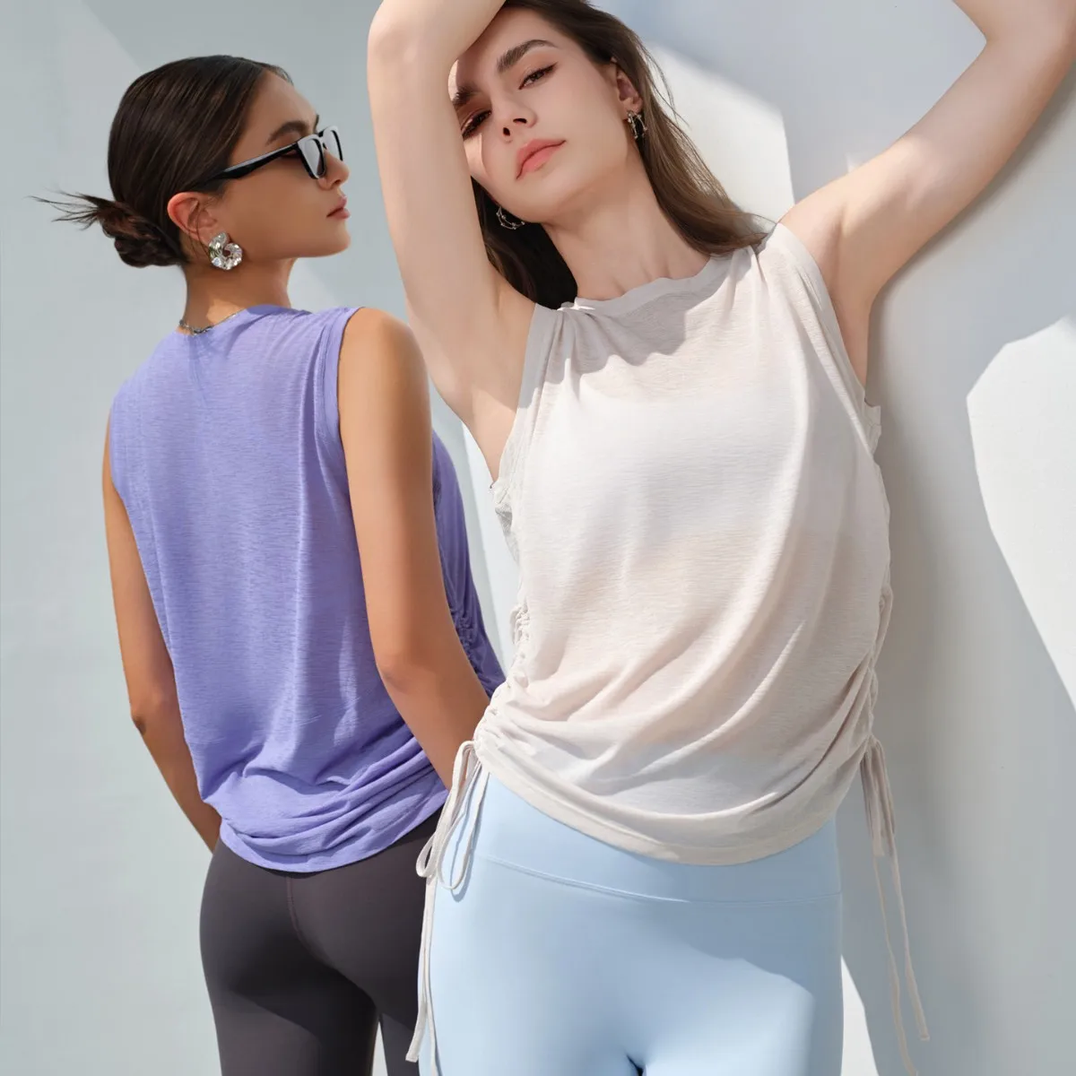 Women's Sleeveless Workout Tank Top, Loose Side Drawstring Yoga Shirt for Gym Running and Casual Fitness