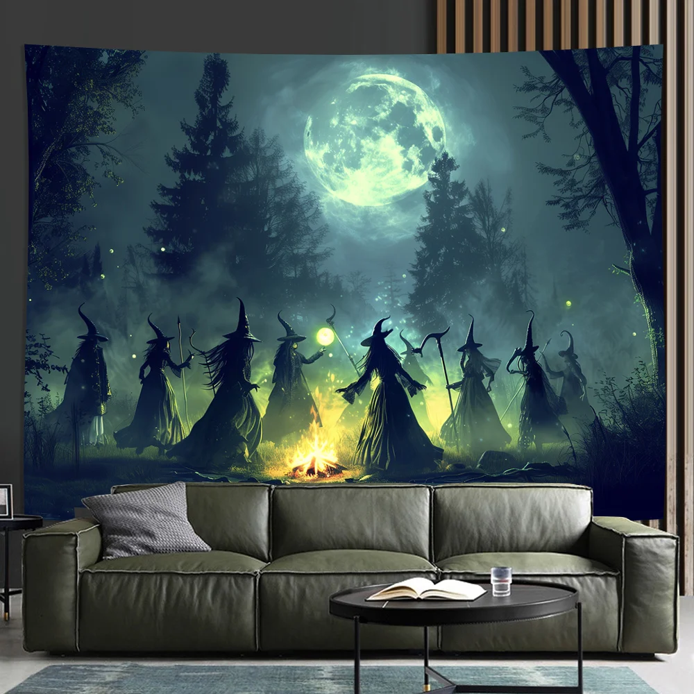 VIKAMA Witch Night Gathering Magic Tapestry Full Moon Halloween Theme Party Occult Studio Gothic Room Decor