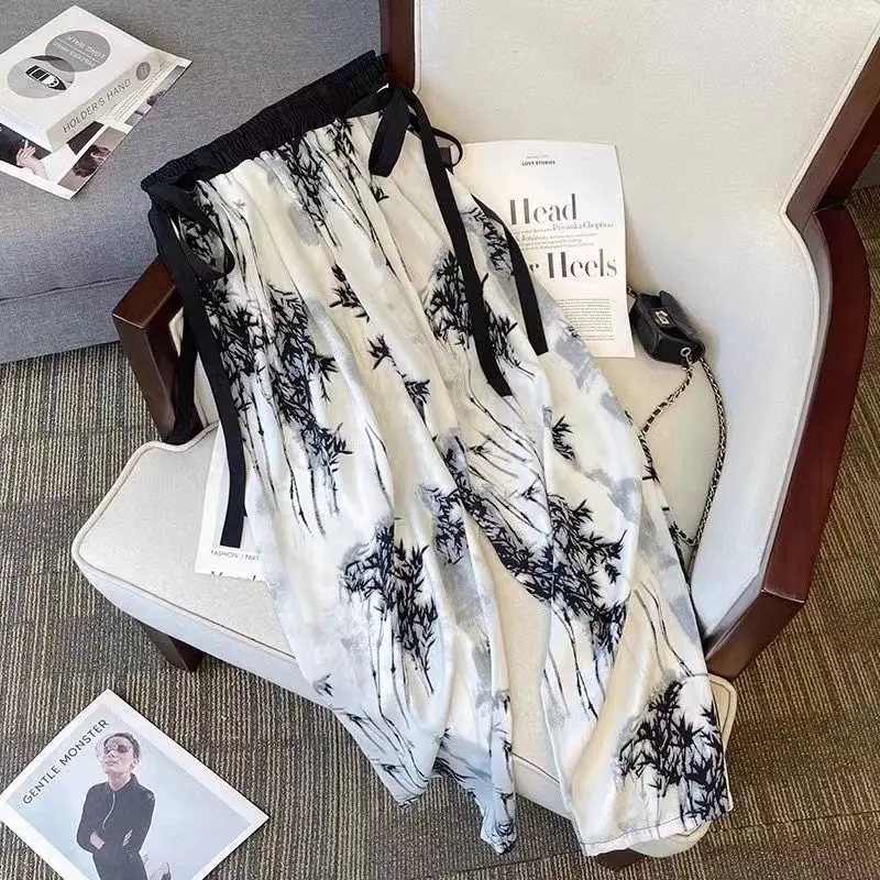 Summer 2025 New Chinese Style Ink Painting Wide Leg Pants High Waist Casual Loose Fit