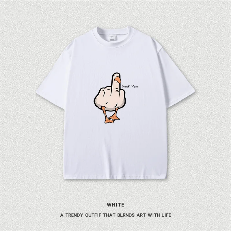 Fun Printed ' Duck You ' Men Summer New Casual Fashion Pure Cotton O-Neck Oversized Loose Short Sleev Sweatshirts Casual Tee