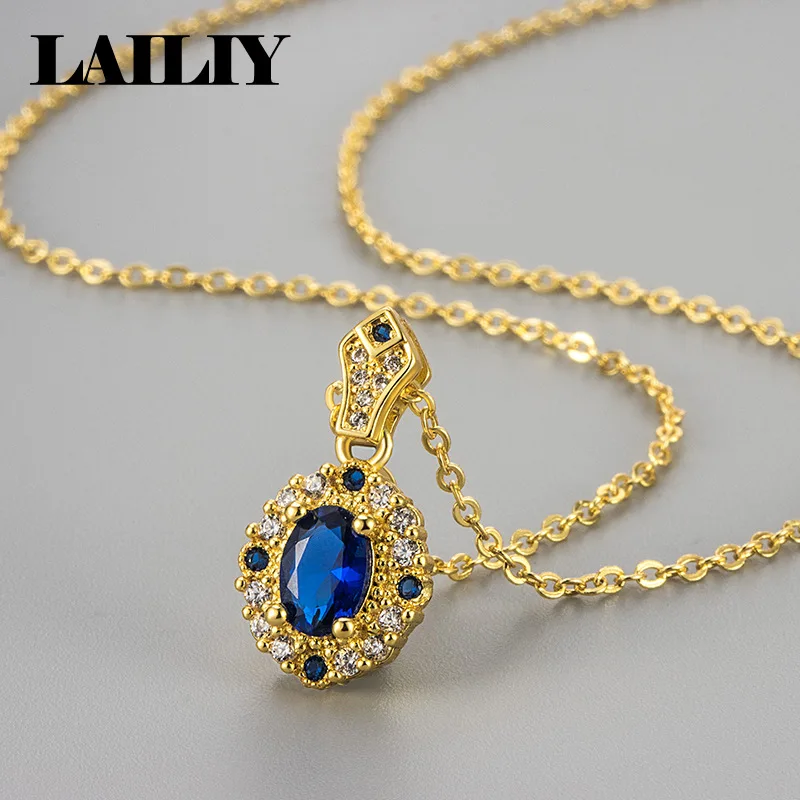 LAILIY925 Sterling Silver 18K Gold Gift Party Wedding Diamond Oval Blue Zircon Pendant Collarbone Necklace Women Fashion Jewelry