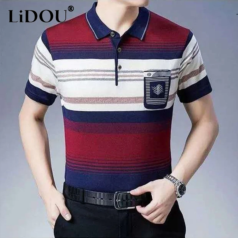 

Spring Autumn England Style Capable Male Pullover Fashion Vintage Business Casual Short-sleeve Polo Shirt Loose Stripe Top Men