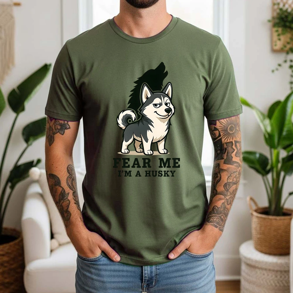 New Summer Men's 100% Cotton T-Shirt Funny Husky With Wolf Shadow Casual Breathable Short Sleeve Daily Wear