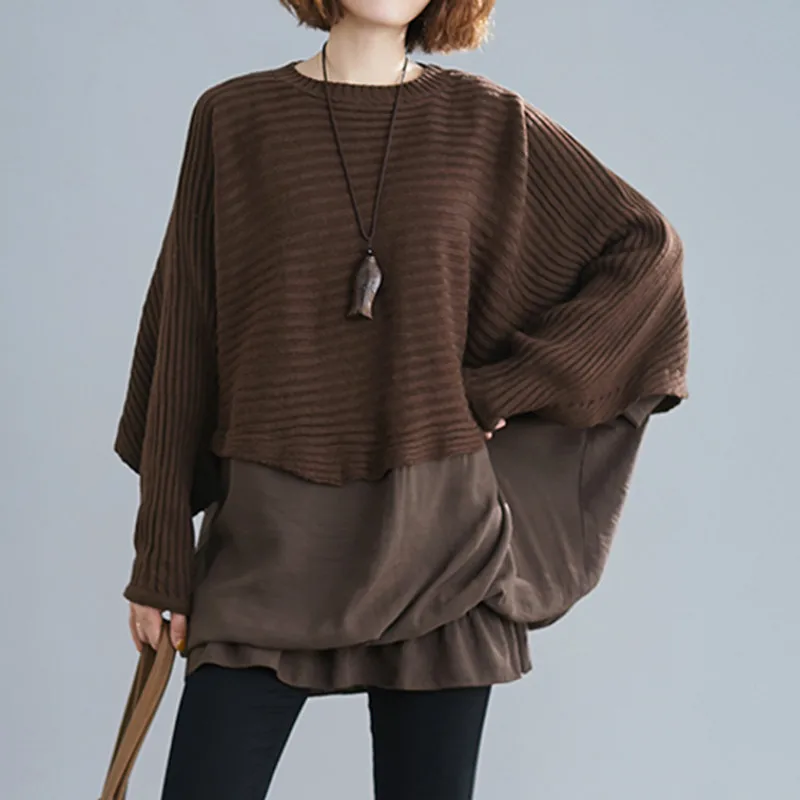 2022 Autumn and Winter Loose Stitching Pullover Bat Shirt Tops Women's Large Knitted Pullover Fashion Casual Bat Sleeves