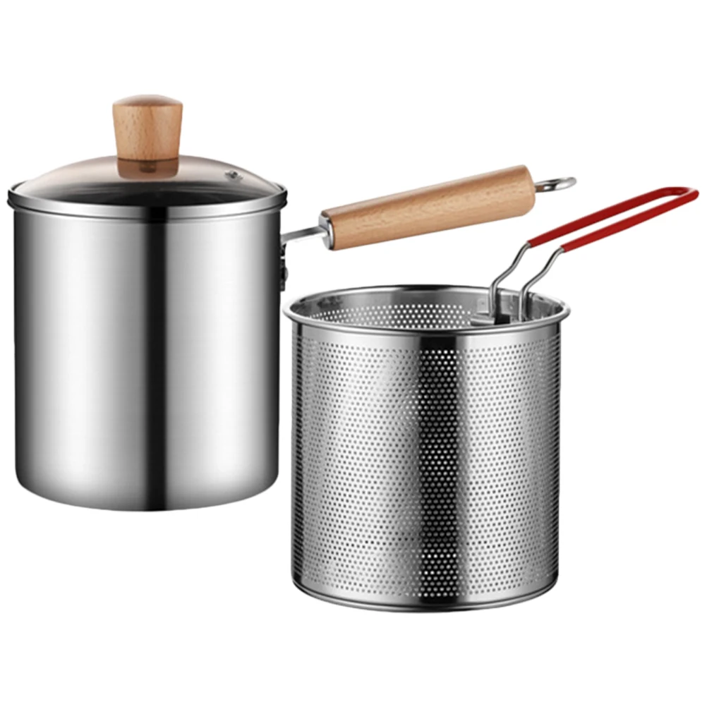 

Stainless Steel Frying Food Cooking Pot Pan 3L Deep Fryer Wooden Handle Strainer Basket Home Kitchen Electromagnetic Stove