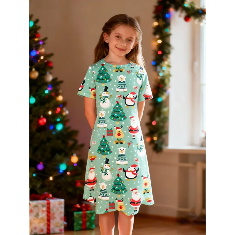 Girls Christmas Themed All-Over Printed Dress Short-Sleeved Holiday Atmosphere Children's Dress 2026