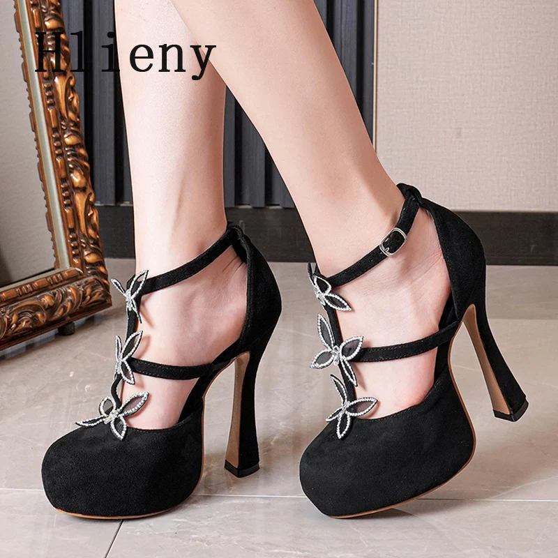 Hlieny Spring Autumn Platform Butterfly-knot Buckle Strap Pumps Women Fashion Round Toe High Heels Nightclub Party Sandals Shoes