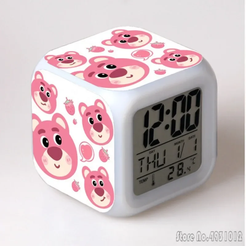 Anime Cartoon Strawberry Bear Alarm Clock Creative Student 8x8x8cm LED Cube with Colorful Light Display Time Week Month