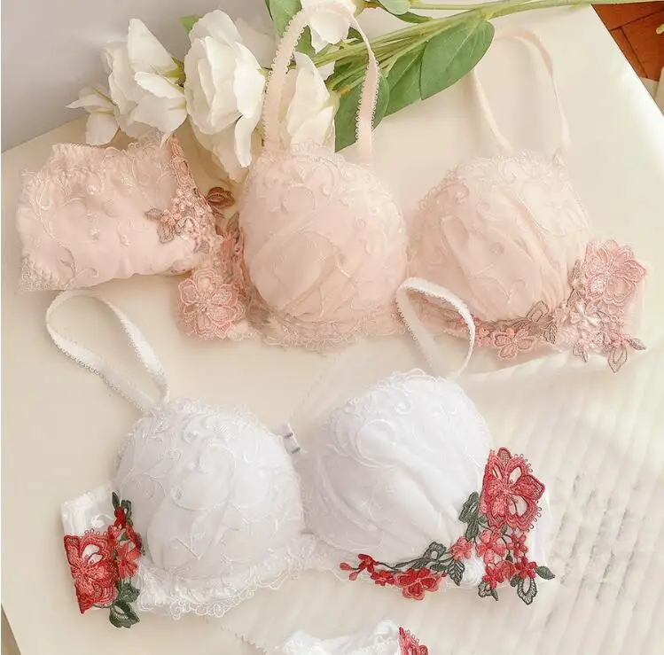 Gathered large steel circle bras sexy lace flower bra set side collection small bottom circumference underwear large cups linger