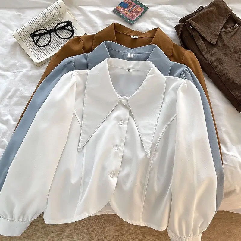 

New Design Style White Unique Short Long-sleeved Shirt Large Lapel Top