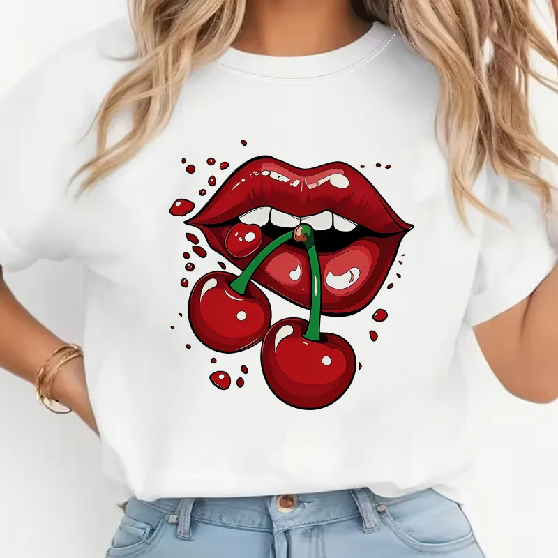 Women's Trendy and Creative Cherry Lips Design Print T-shirt 90s Y2K Crew Neck Short Sleeve Tops Tshirt Casual T Shirt Clothes