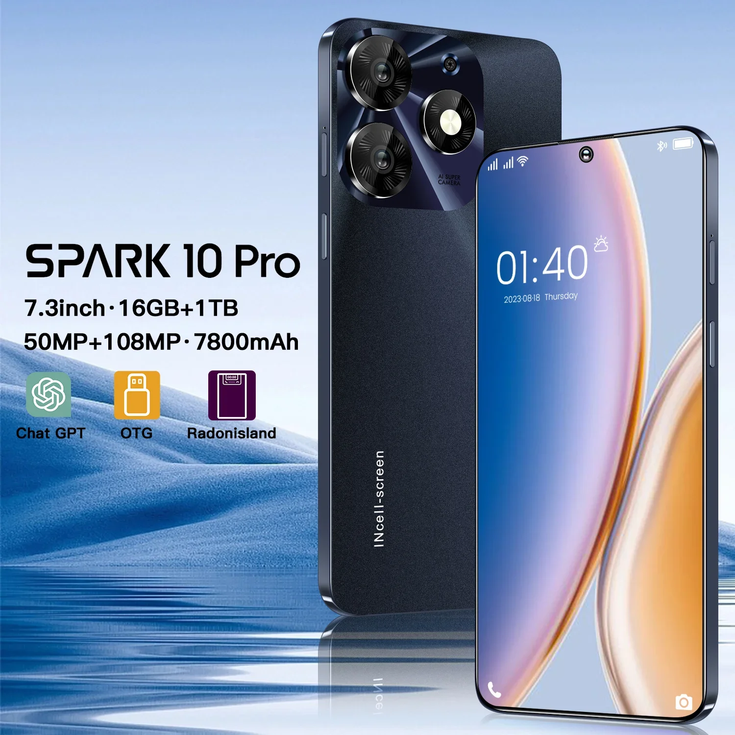 Global Version Spark 10 Pro Android Smart Original Phone 7.3 Inch HD Screen 7800mAh 108MP Camera 10 Core Dual SIM Unlock Phone