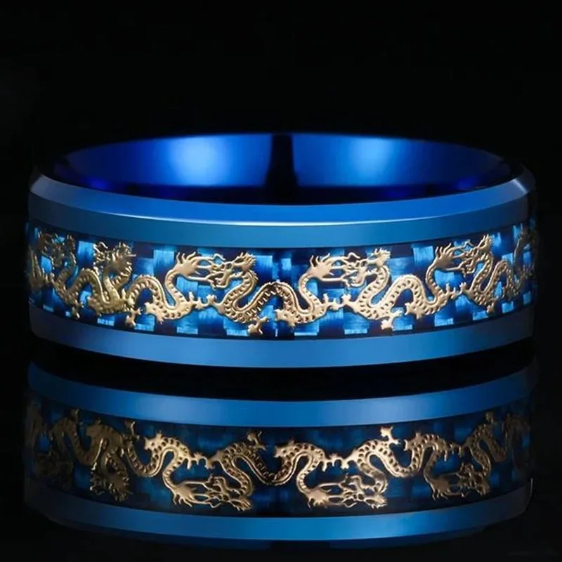 Fashion 8mm Men Stainless Steel Dragon Ring Vintage Punk Chinese Dragon Pattern Carbon Fiber Rings For Men Wedding Party Jewelry view 3