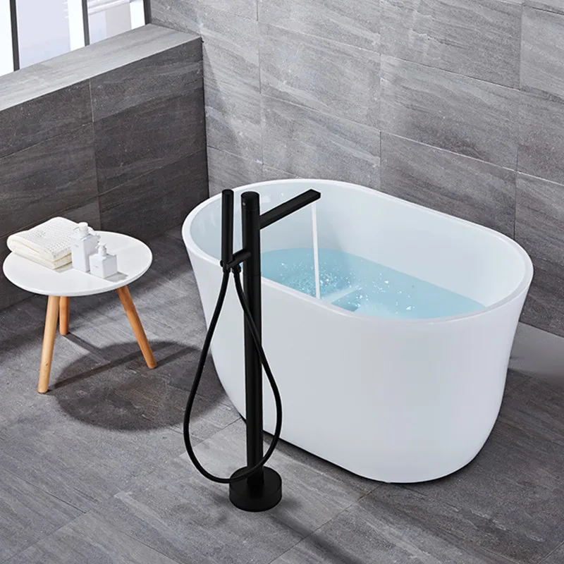 

Black Bathtub Faucet Chrome Floor Stand Bathtub Mixer 360 Degree Rotation Spout with Handshower Head Bath Mixer Shower