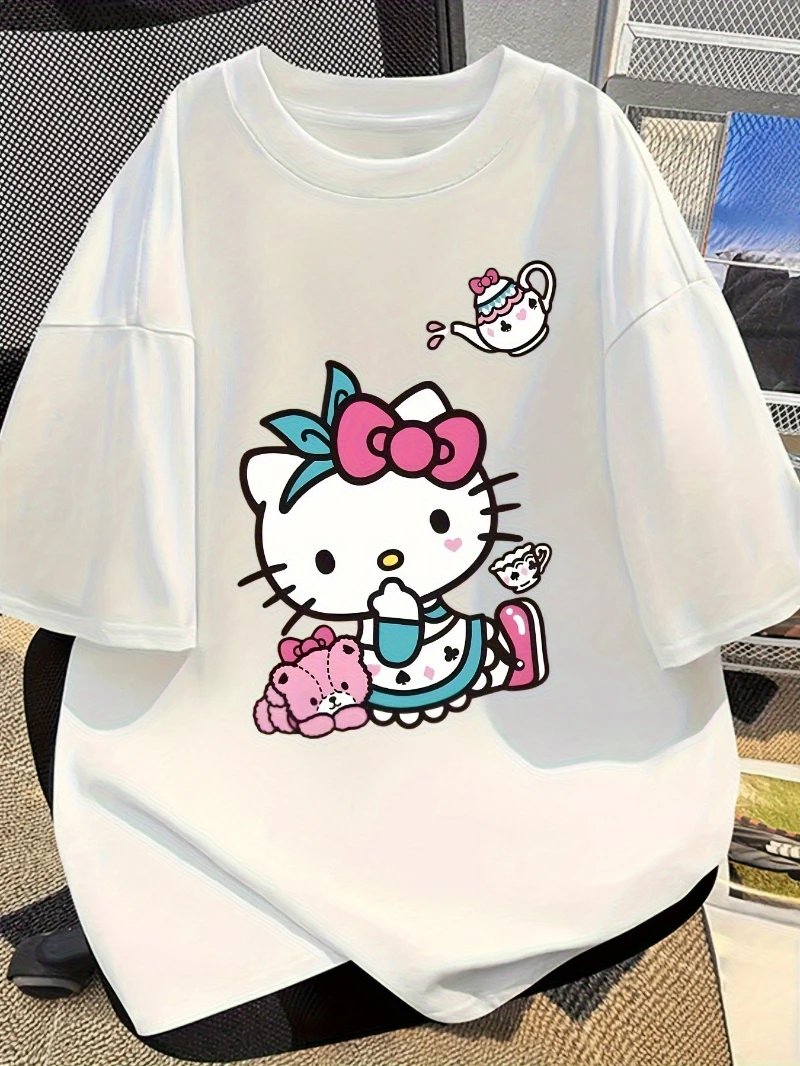 

Женская супер большая футболка с узором «Hello Kitty» — розовый дизайн с бантом и чайным дизайном из чистого хлопка, удобная свободная повседневная футболка с коротким рукавом