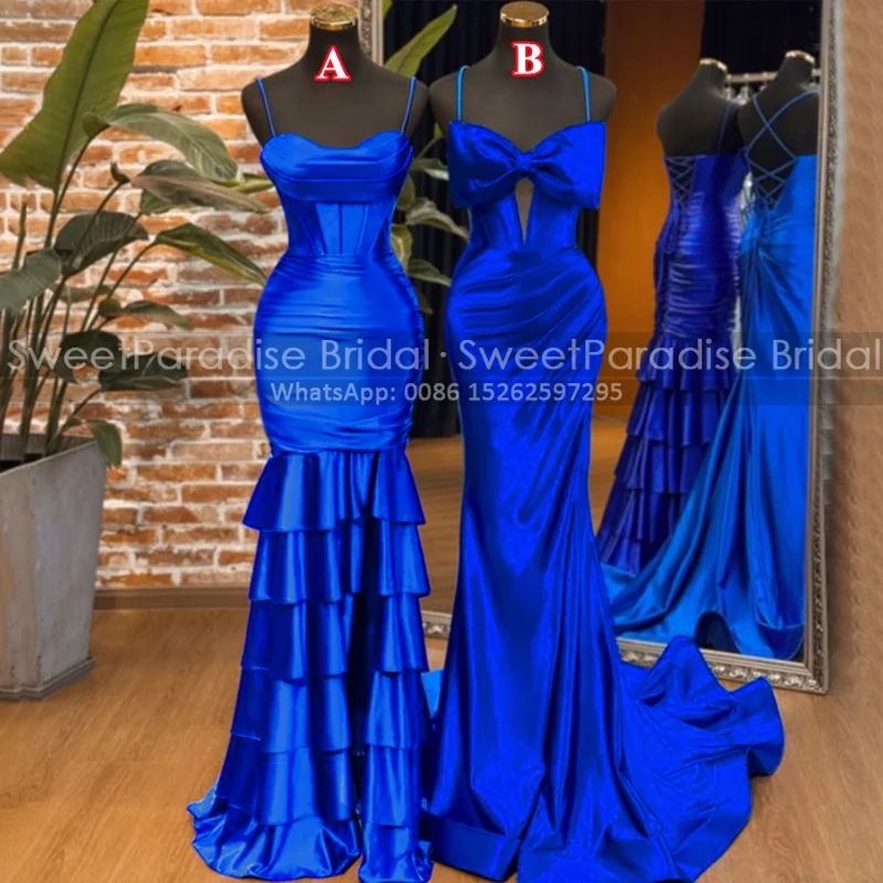 

Royal Blue Mermaid Evening Dress Spaghetti Straps Long Customized Criss Cross Back Tiered Trumpet Prom Dresses Party