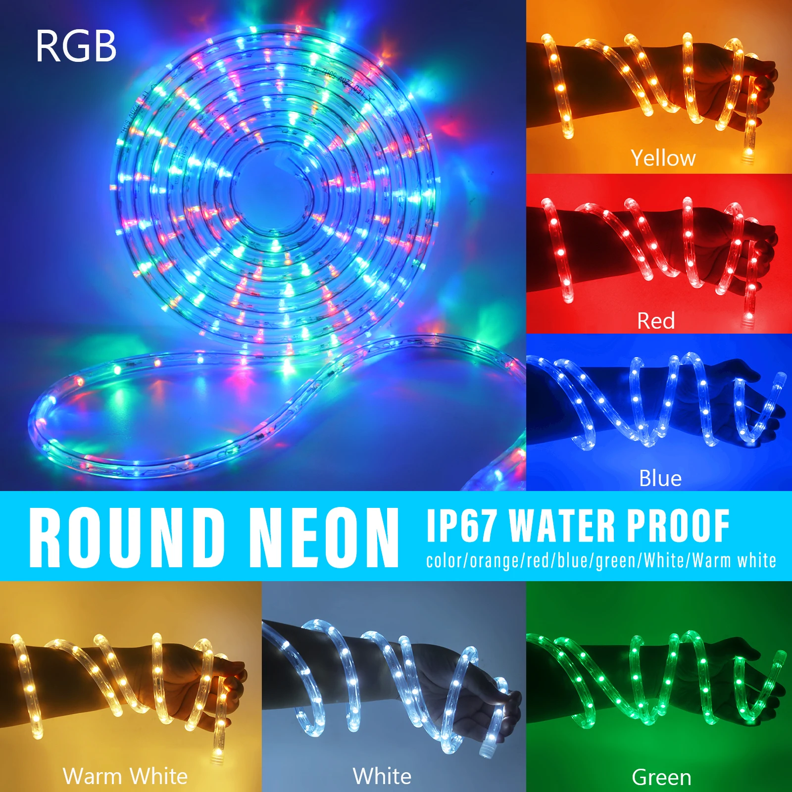 360 ネオンストリップライト AC 220V ラウンドネオンチューブ屋外防水 IP67 フレキシブルネオンライト EU プラグ付きブルー/レッド/グリーン/イエロー/RGB