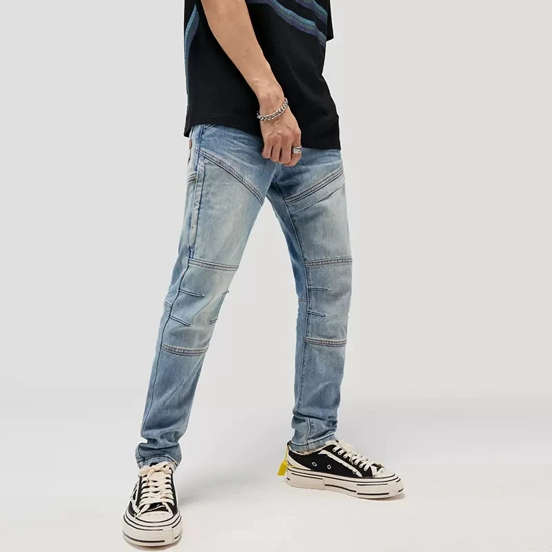 Street Fashion Men Jeans Retro Light Blue Elastic Slim Ripped Biker Jeans Men Spliced Designer Hip Hop Denim Punk Pants Hombre