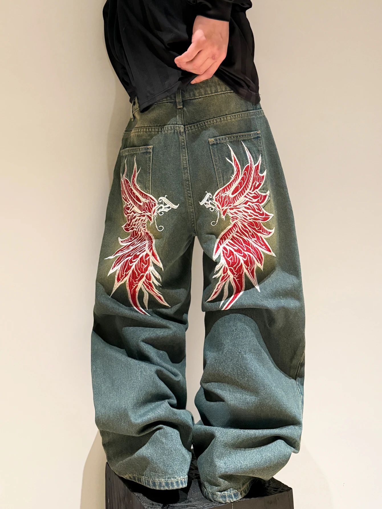 Men's Jeans Retro Blue Baggy Wide Pants,Trendy Y2K Streetwear Men's Denim Pants,Men's Casual Trousers With Large Wing Embroidery