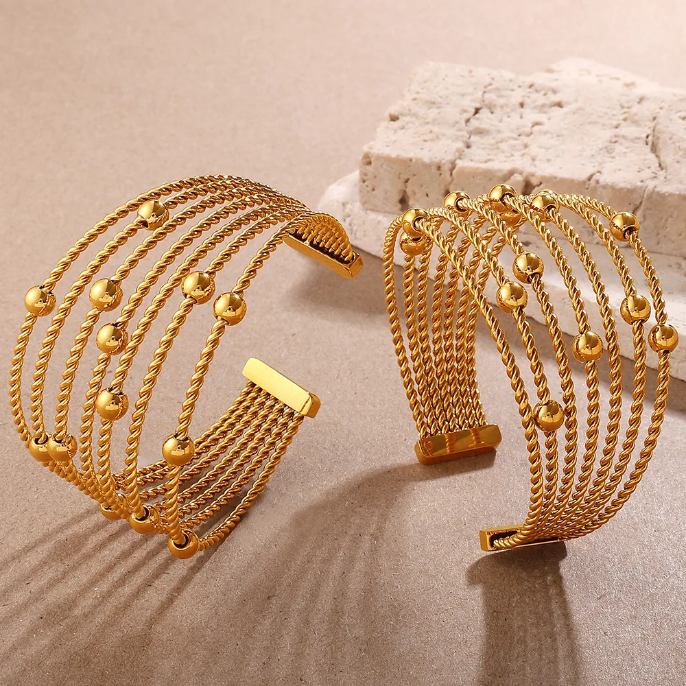 

Fashion Design Twisted Circle Combining Beads for Women Stainless Steel Gold Color Plated Elegant Women's Hand Bracelets
